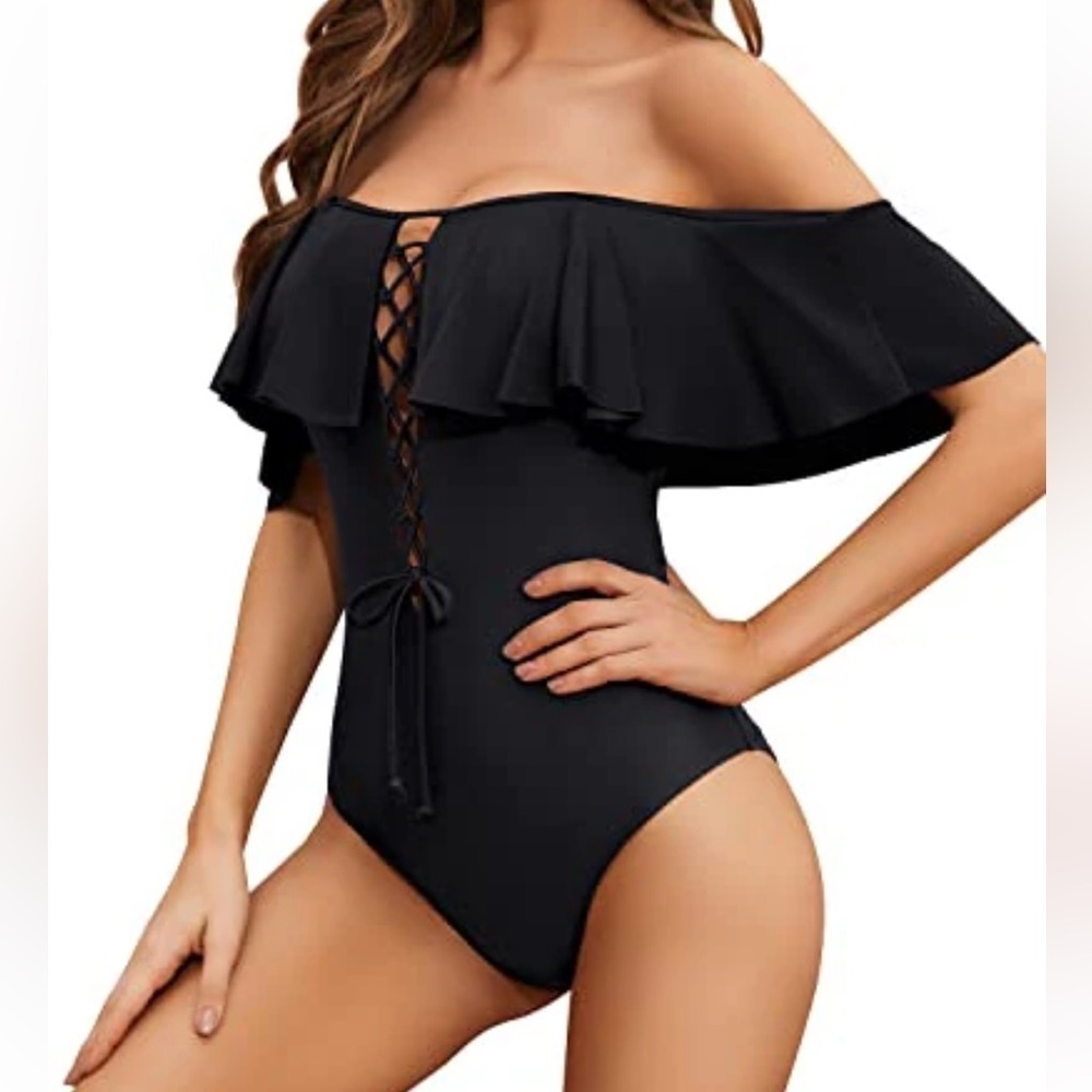 Tempt Me Lace-Up Front Off Shoulder Ruffle One Piece Swimsuit - Picture 8 of 10